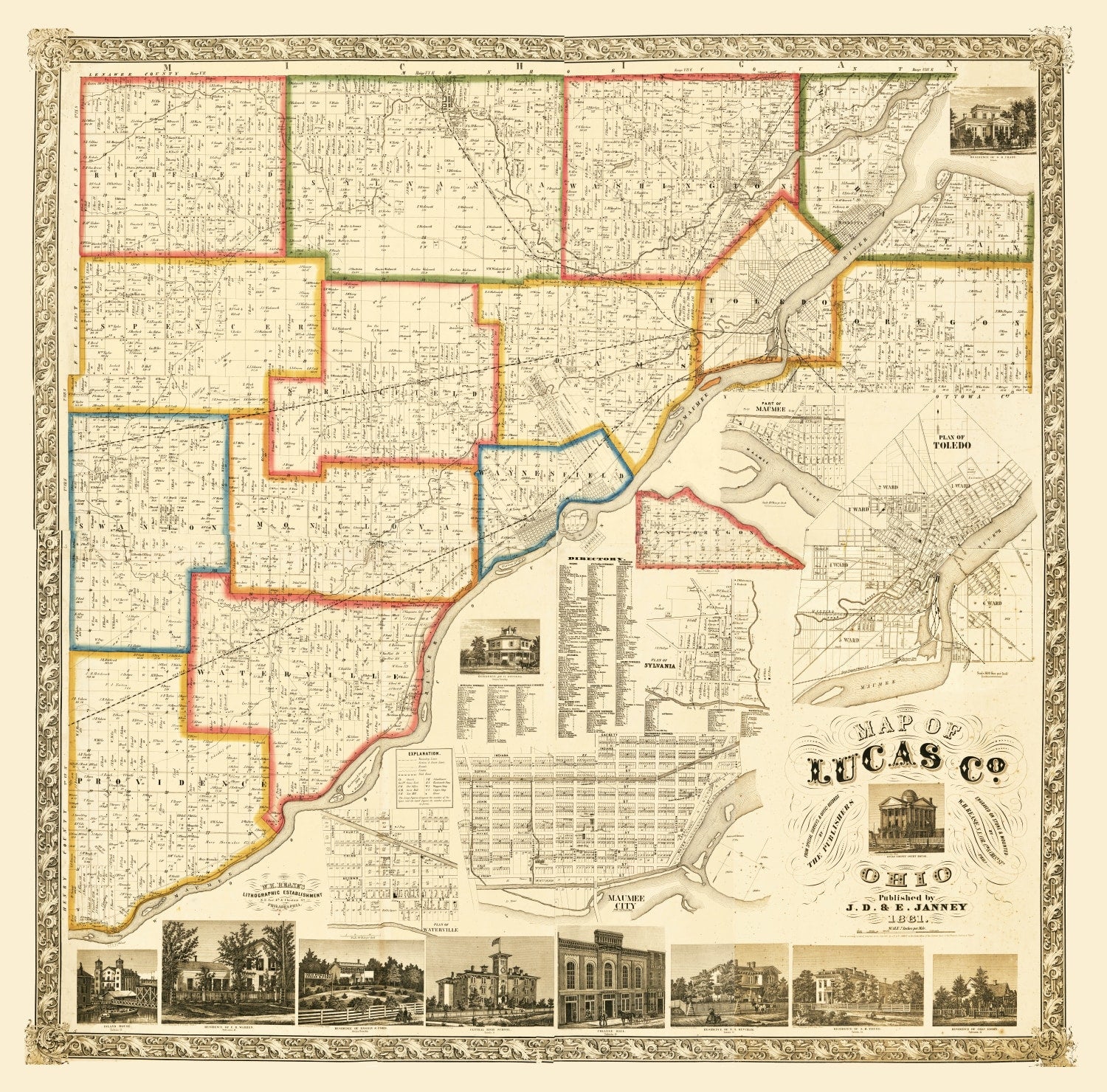 Vintage Map of Lucas County, Ohio 1861