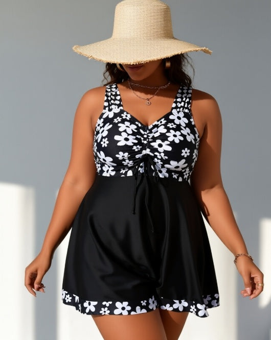 Women's Plus Size Black Floral Two-piece Swim Dress