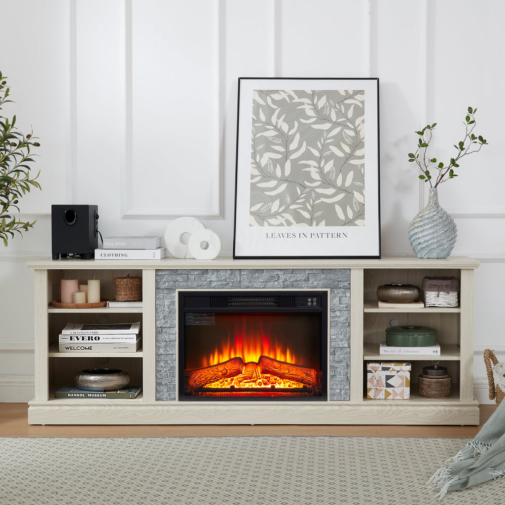Large Faux Stacked Stone TV Desk Storage Rack, Media Console Table with Large Storage Cabinet,Modern  TV Media Stand with 23' Fireplace Insert,White, 70.12'W*15.35'D*25.83'H