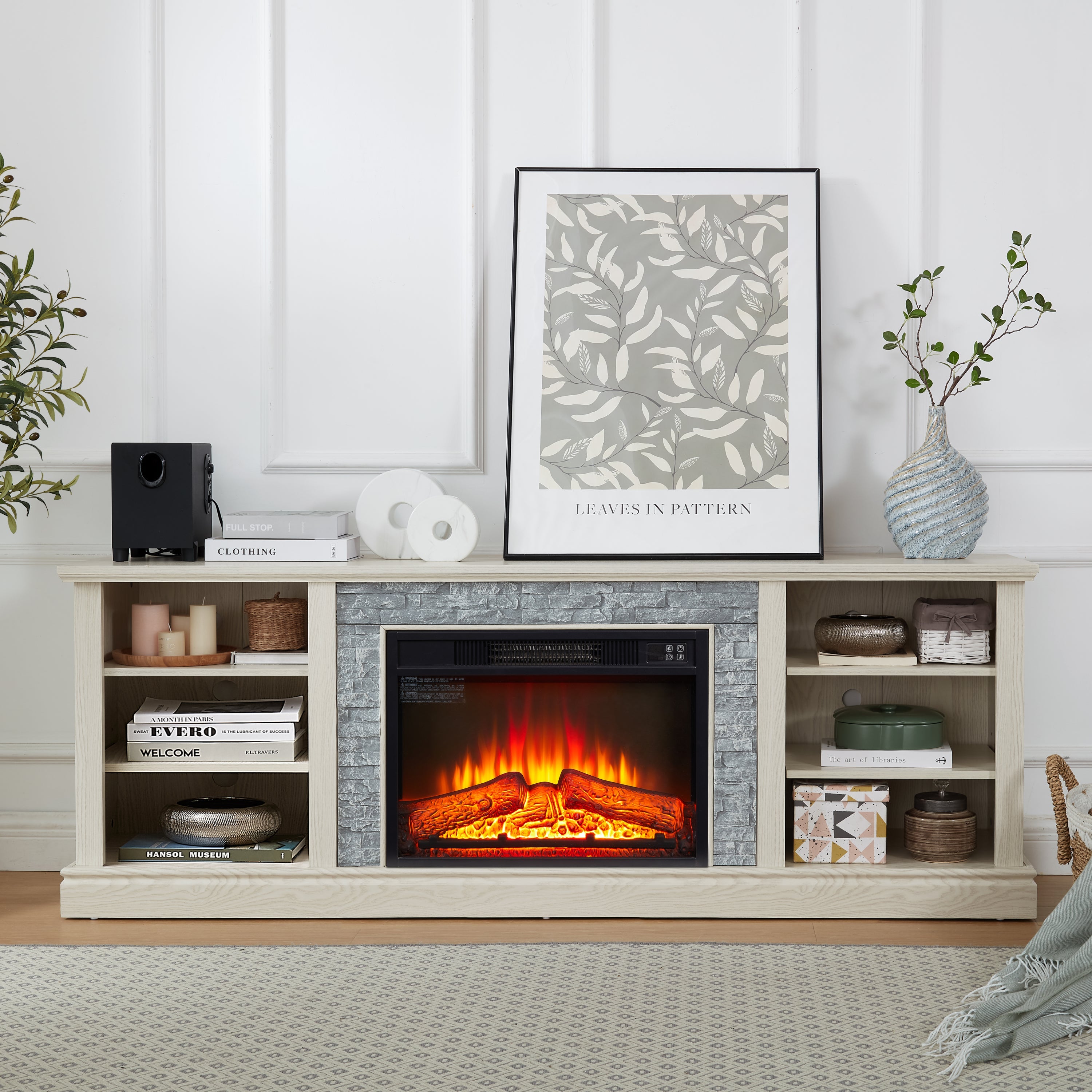 Large Faux Stacked Stone TV Desk Storage Rack, Media Console Table with Large Storage Cabinet,Modern  TV Media Stand with 23' Fireplace Insert,White, 70.12'W*15.35'D*25.83'H