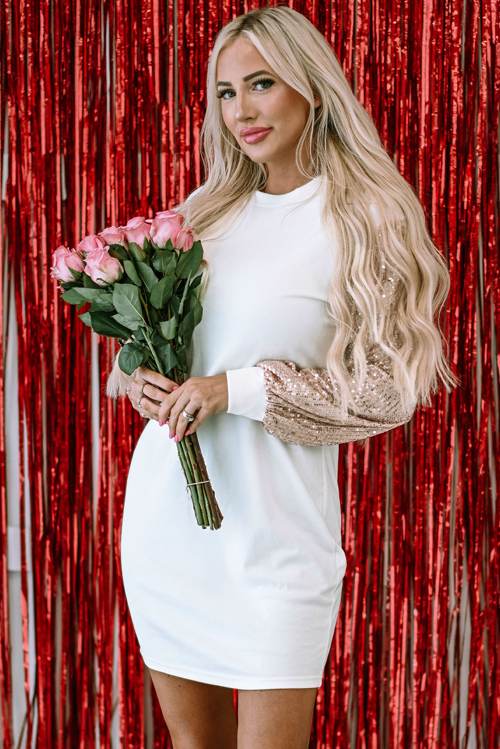 Valentine Sequin Patchwork Puff Sleeve Mini Dress