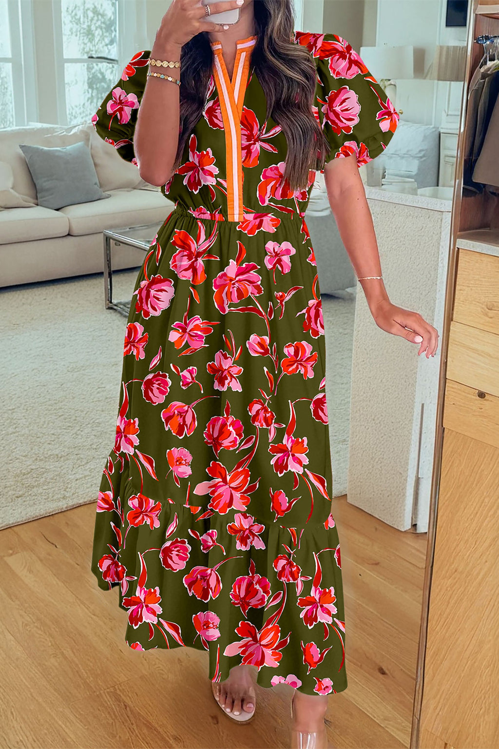 Floral Stripe Trim Short Puff Sleeve Maxi Dress