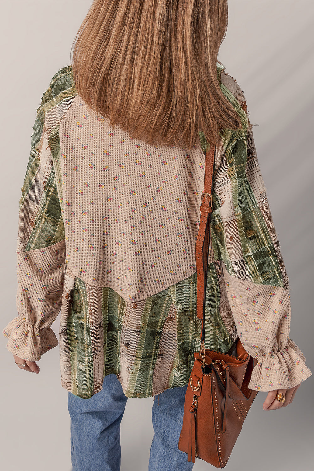 Floral Plaid Patchwork Ruffle Waffle Knit Shacket
