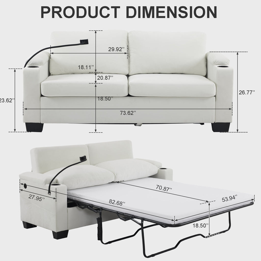 Pull-out sofa bed, chenille material, pull-out queen sofa bed, with USB charging, mobile phone holder, memory sofa, removable and washable cushions, suitable for living room, bedroom, apartment, white