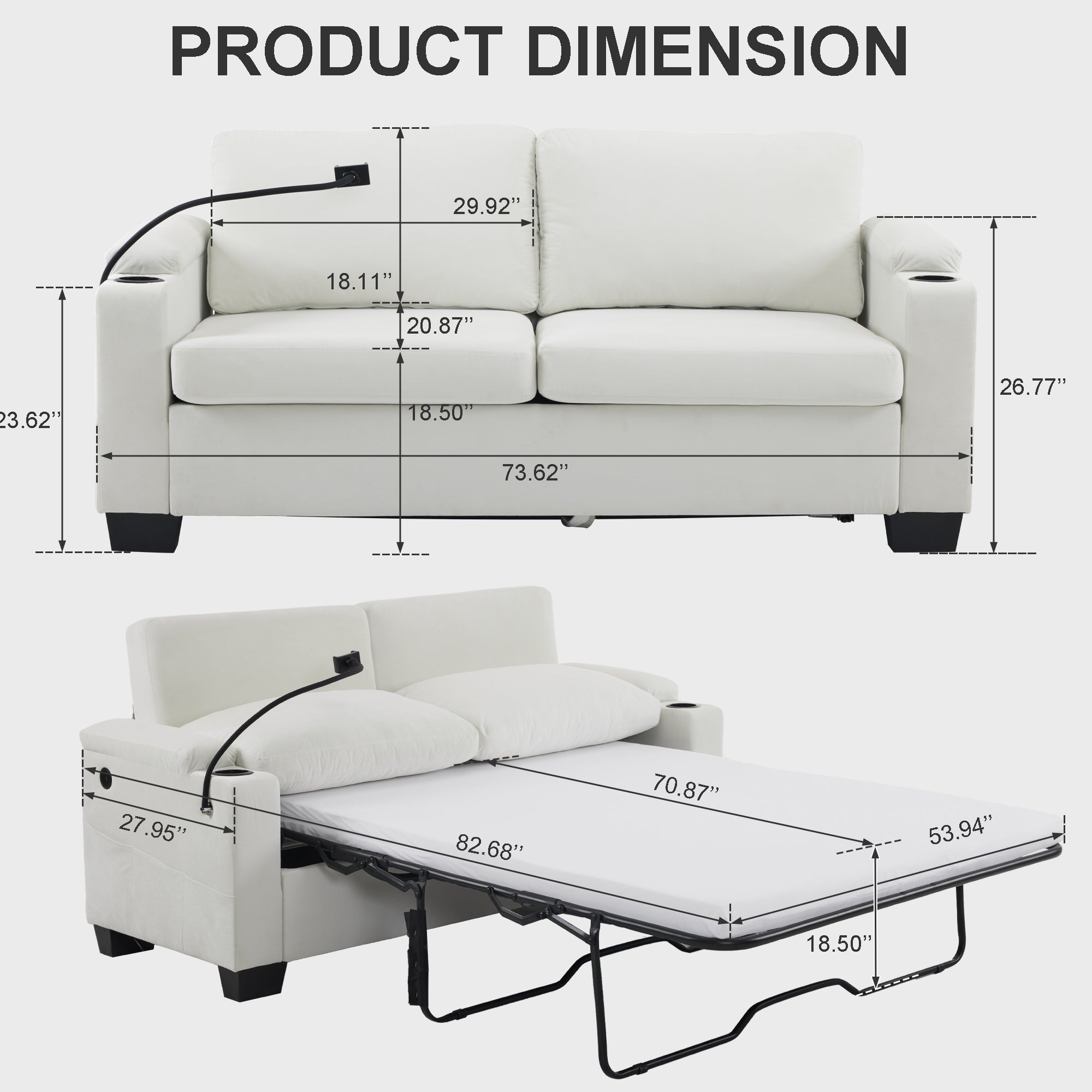 Pull-out sofa bed, chenille material, pull-out queen sofa bed, with USB charging, mobile phone holder, memory sofa, removable and washable cushions, suitable for living room, bedroom, apartment, white