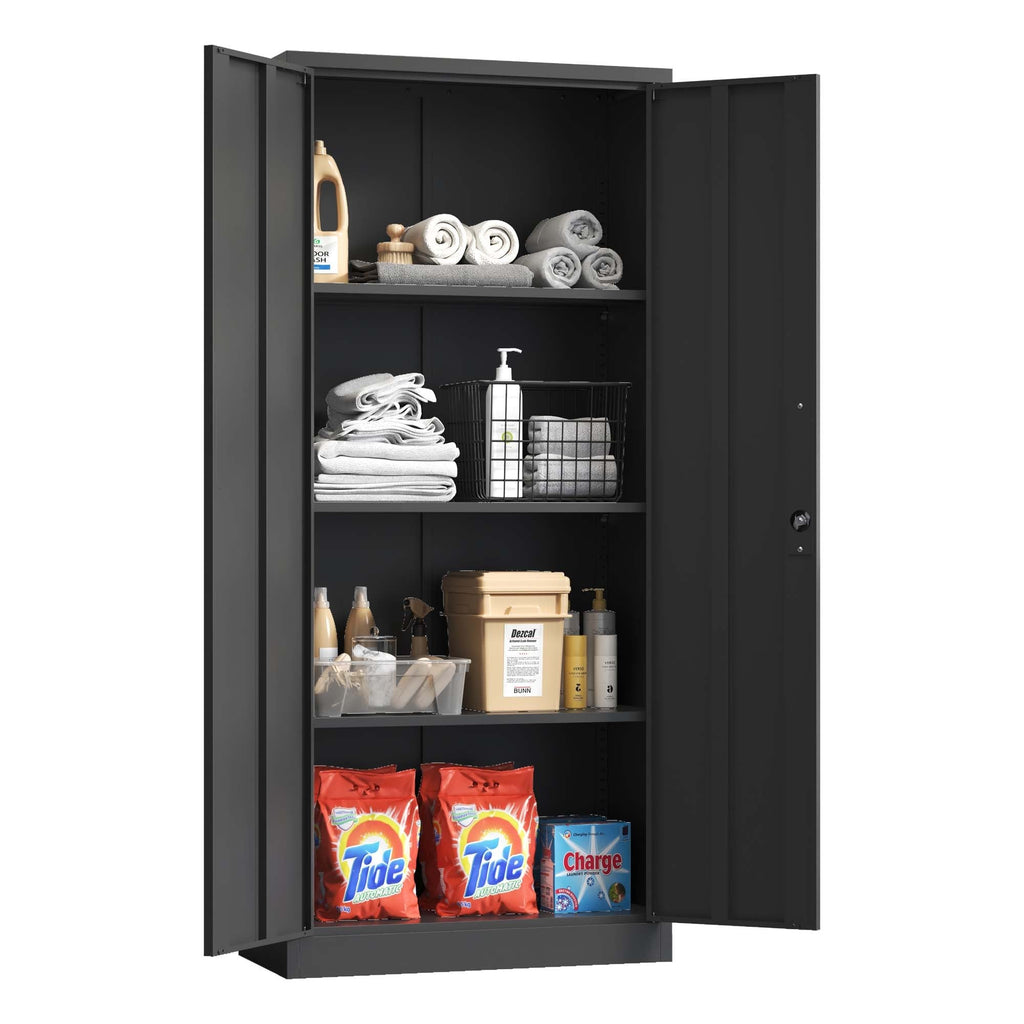 Heavy Metal Garage Storage Cabinet, Black Tool Steel Locking Cabinet with Doors and 3 Adjustable Shelves, 71 Inch Tall