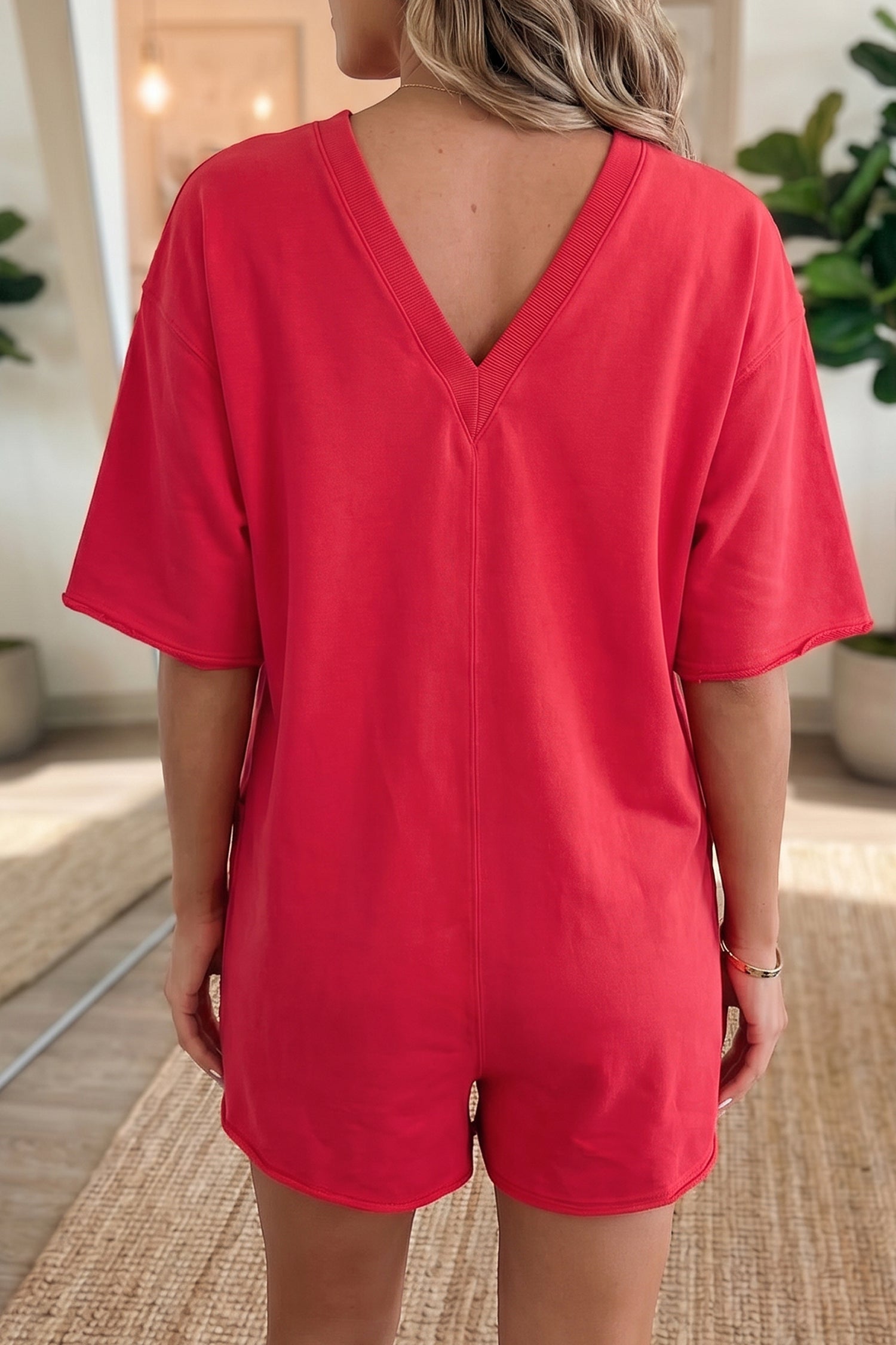 Solid Raw Edge 3/4 Sleeve Pocketed Loose Romper