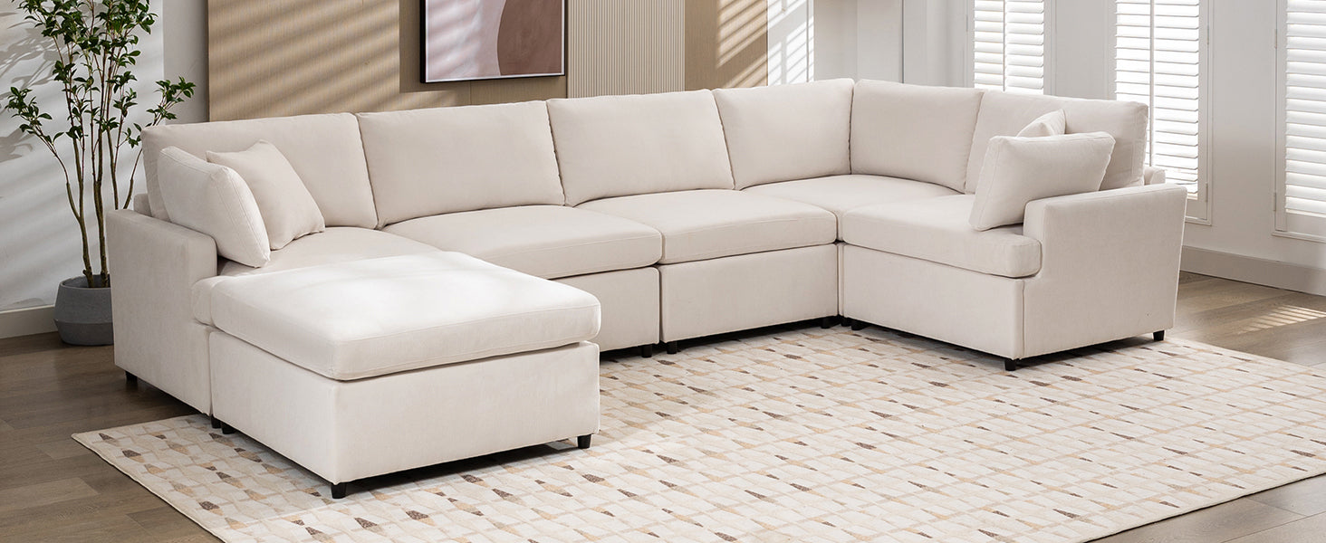 [ Video Provided]U_STYLE Upholstered Sectional Sofa with Removable Ottoman,U-Shape 6 Seat Sectional Couch,  for Living Room,,Apartment, Spacious Space