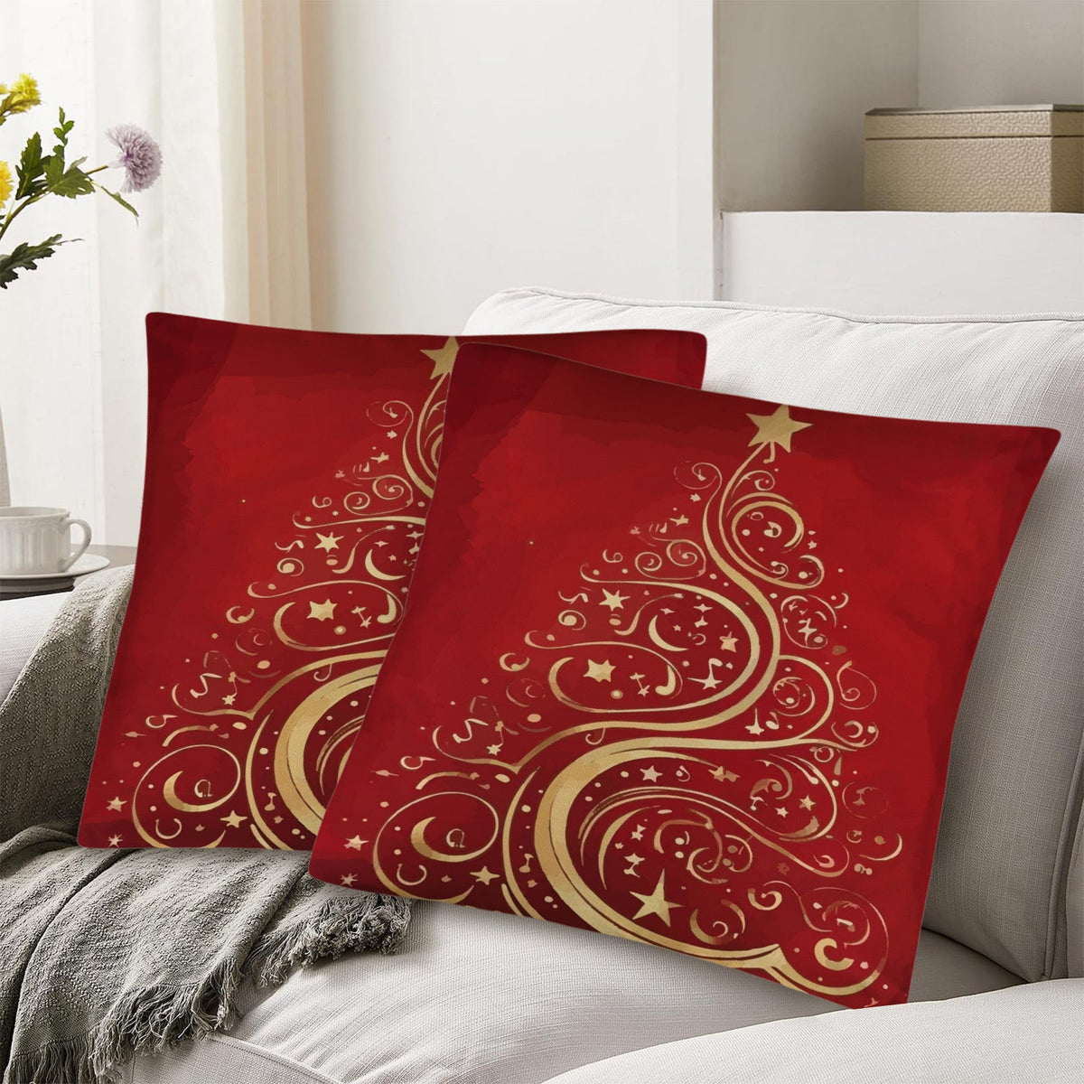 Gold Christmas Tree on Red Pillow Cases Throw Pillow Covers - 18 x 18 inch