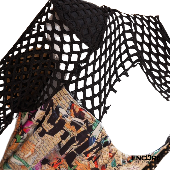 Graffiti-Print Lycra Dress with Fishnet Accent