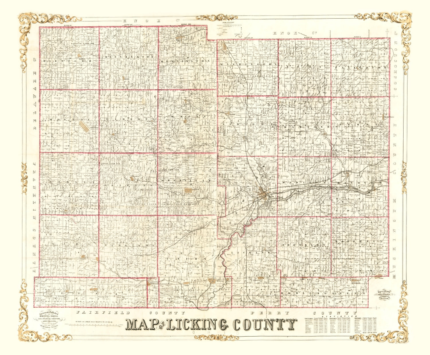 Vintage Map of Licking County, Ohio 1854