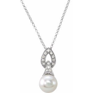 14K White Gold Freshwater White Cultured Pearl & .08 CTW Natural Diamond 18" Necklace
