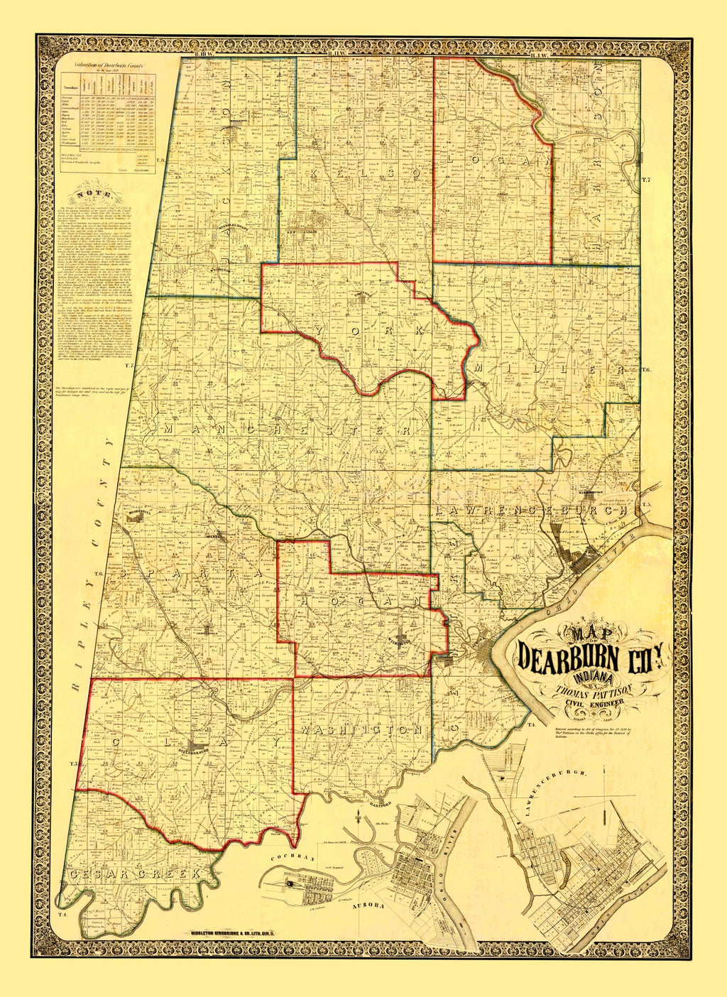 Vintage Map of Dearborn County, Indiana 1860