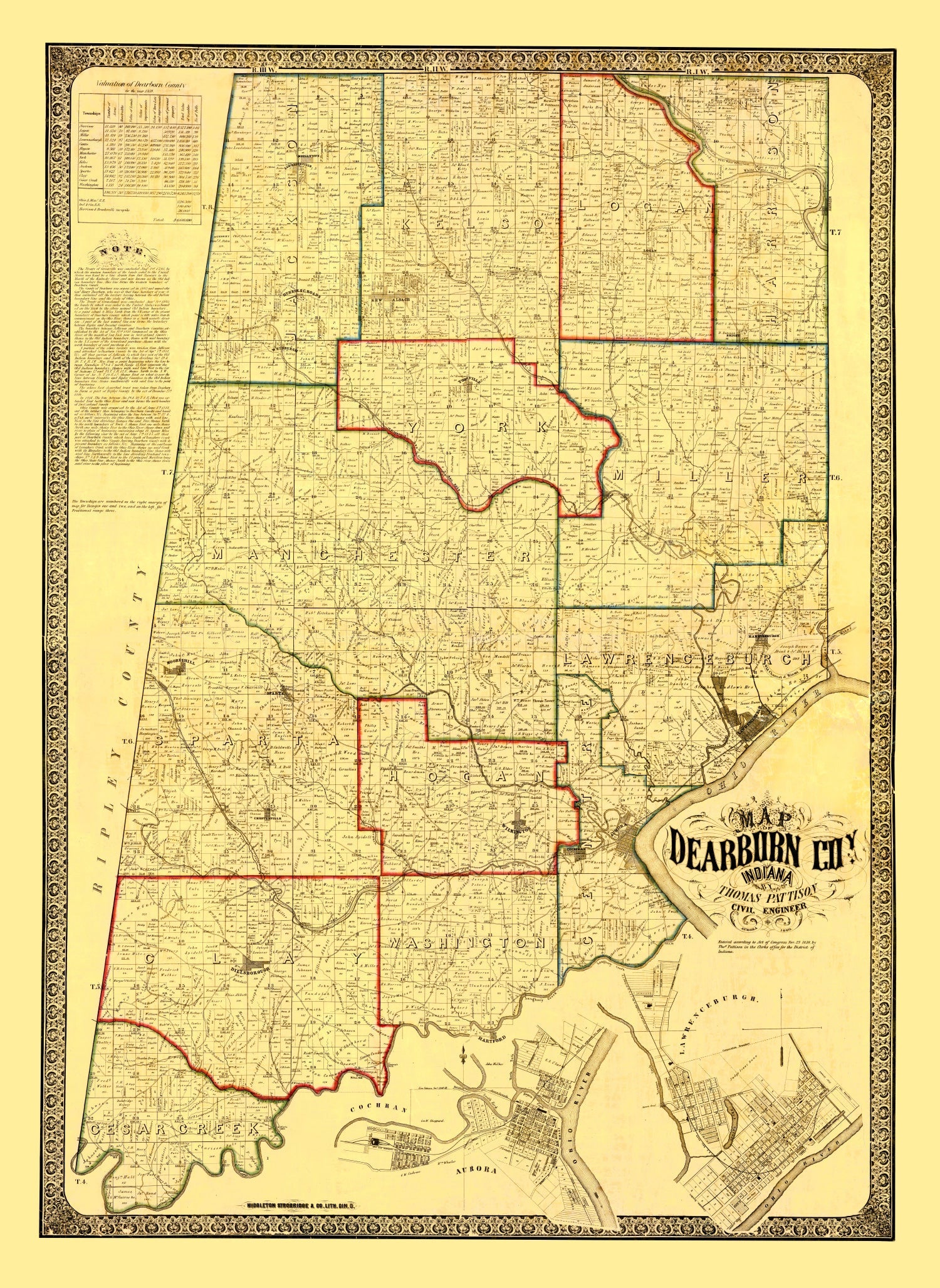 Vintage Map of Dearborn County, Indiana 1860