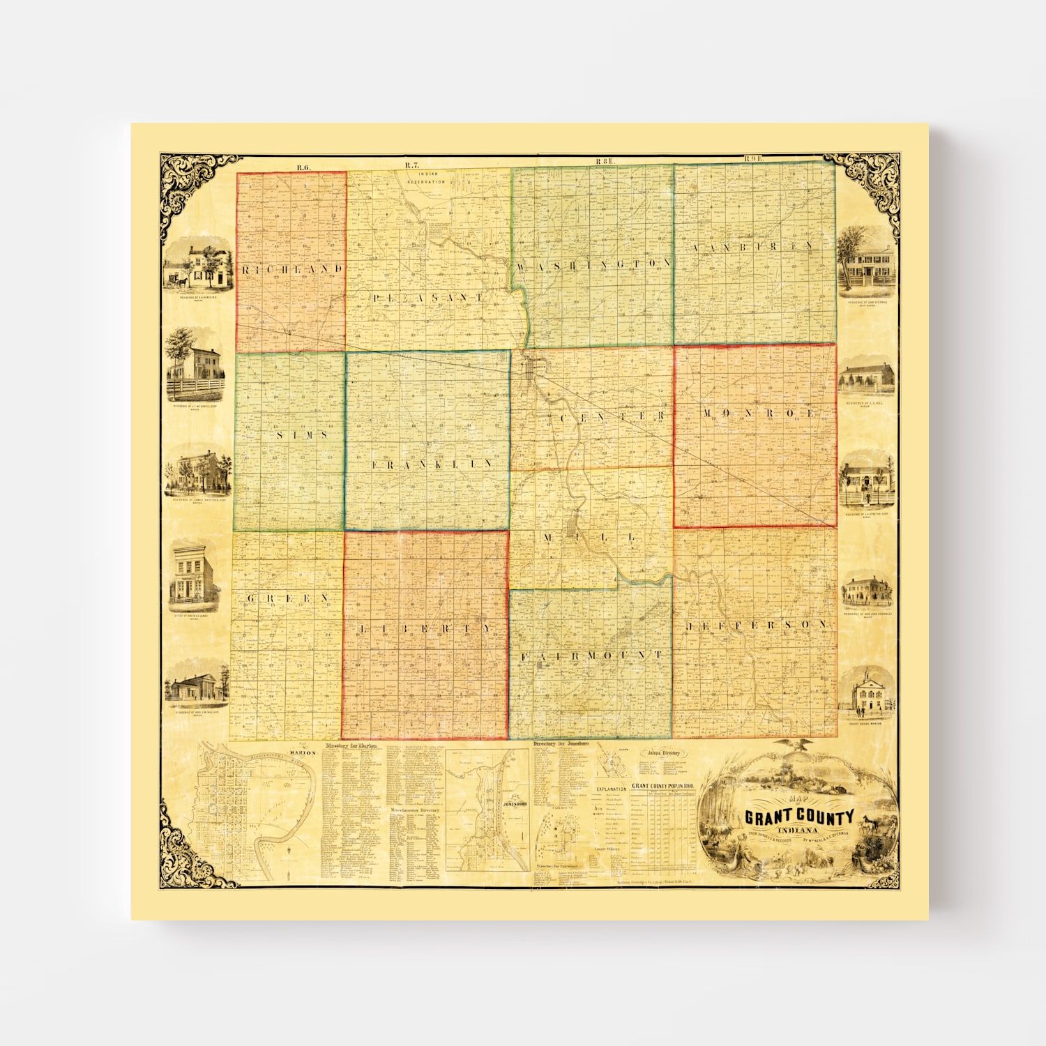 Vintage Map of Grant County, Indiana 1869