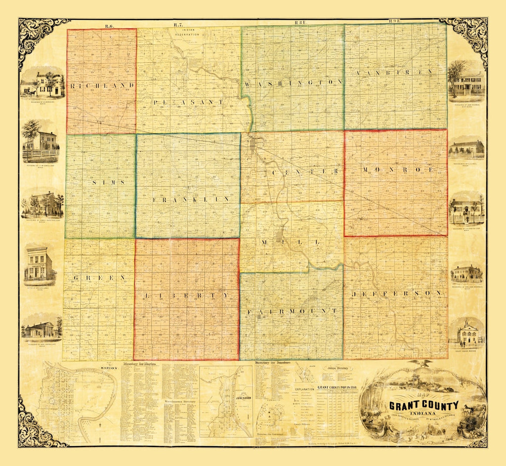 Vintage Map of Grant County, Indiana 1869