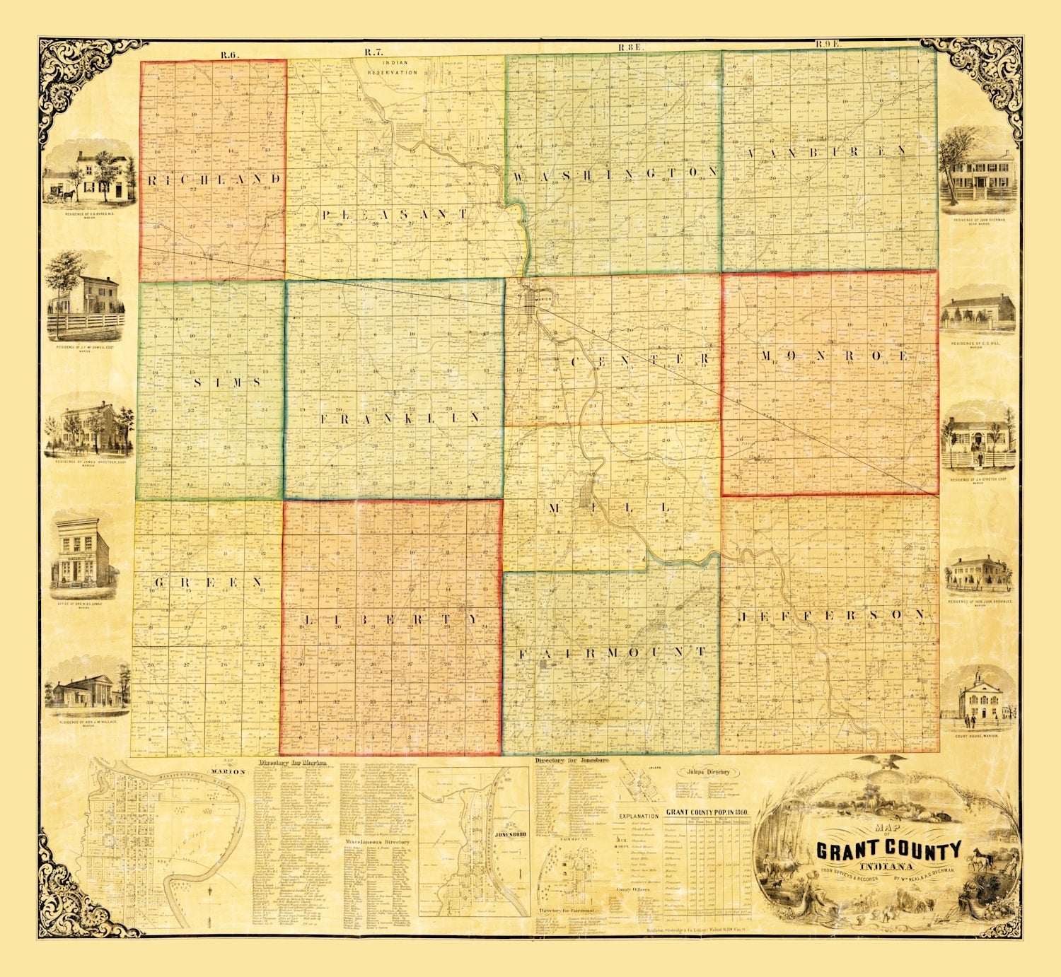 Vintage Map of Grant County, Indiana 1869