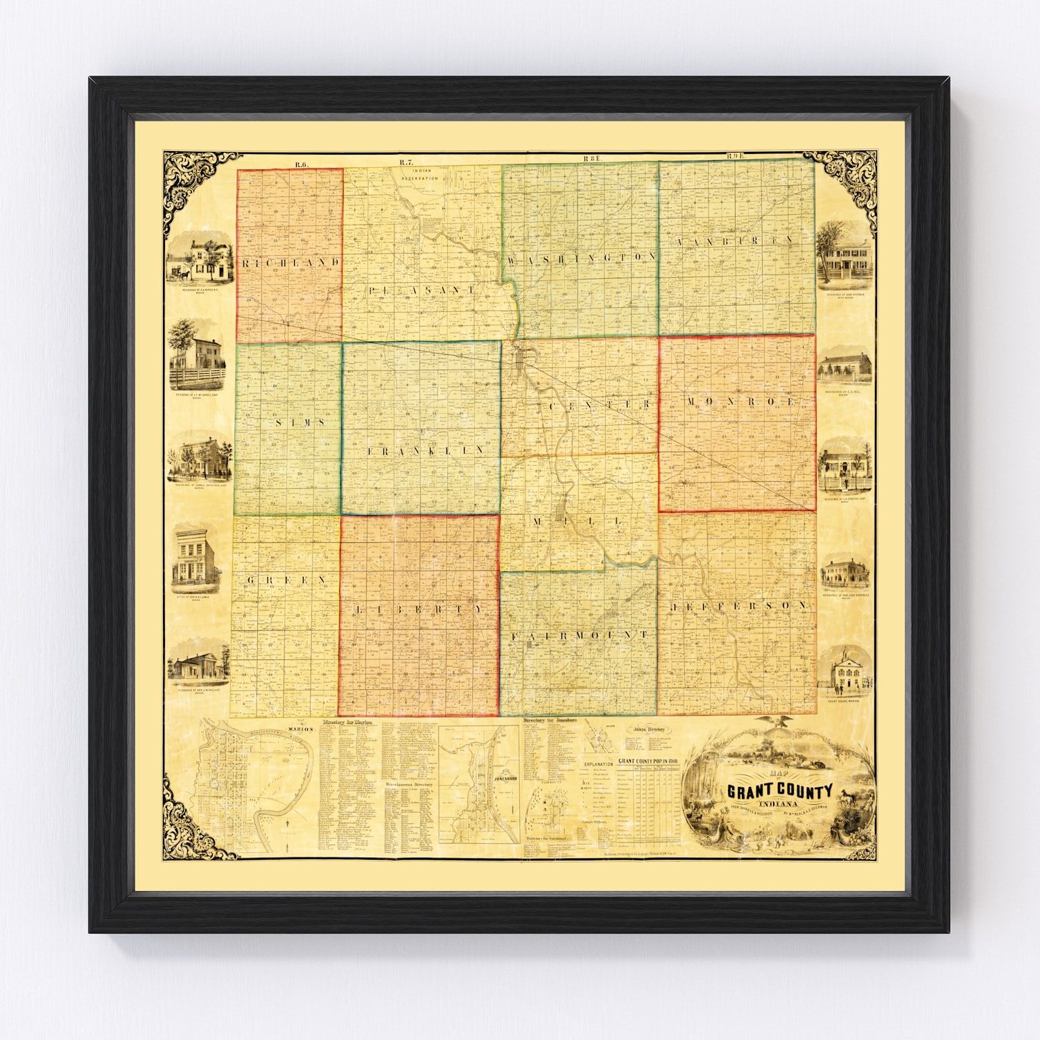 Vintage Map of Grant County, Indiana 1869