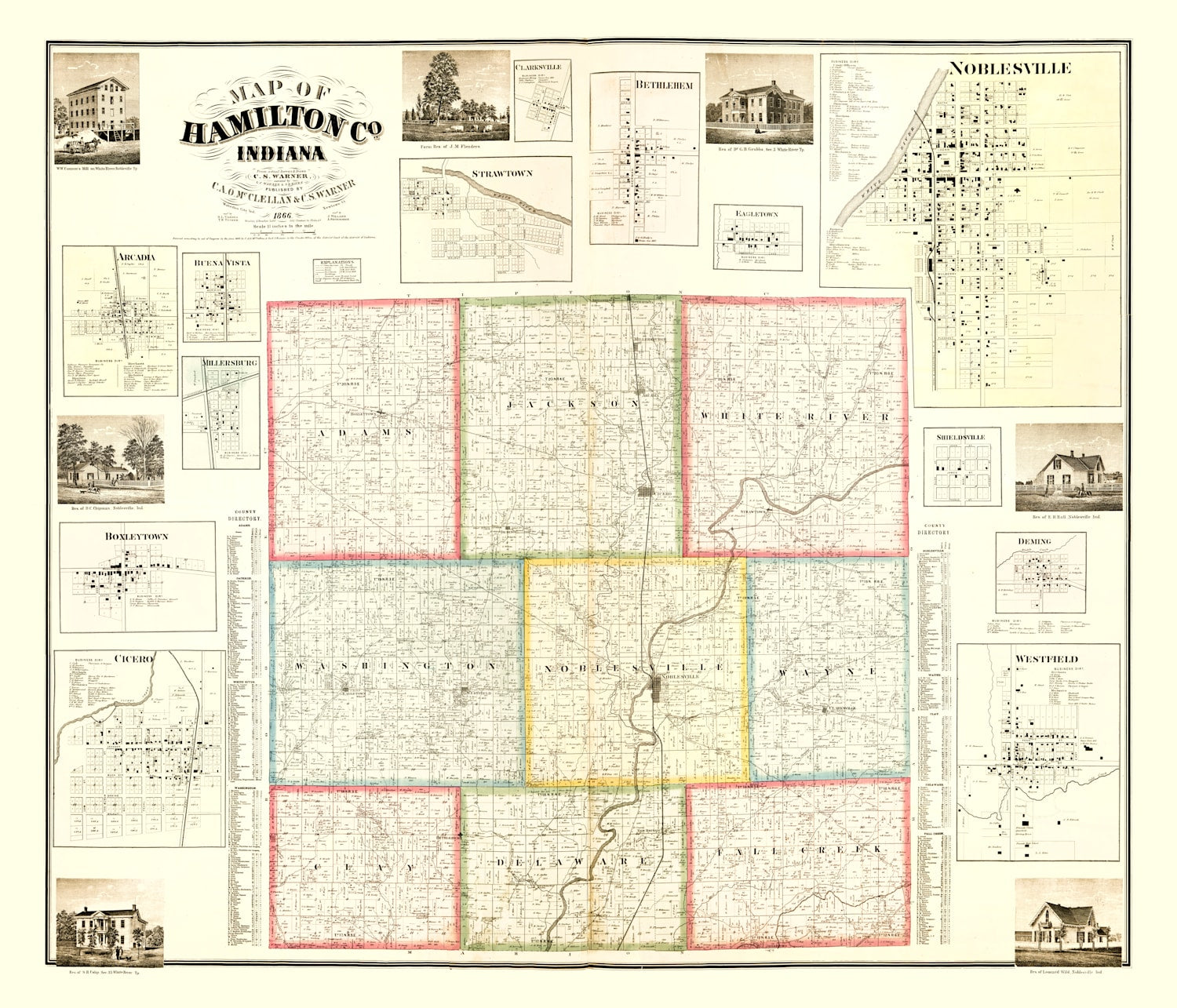 Vintage Map of Hamilton County, Indiana 1866
