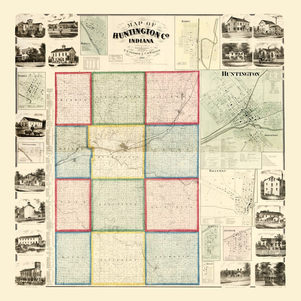 Vintage Map of Huntington County, Indiana 1866