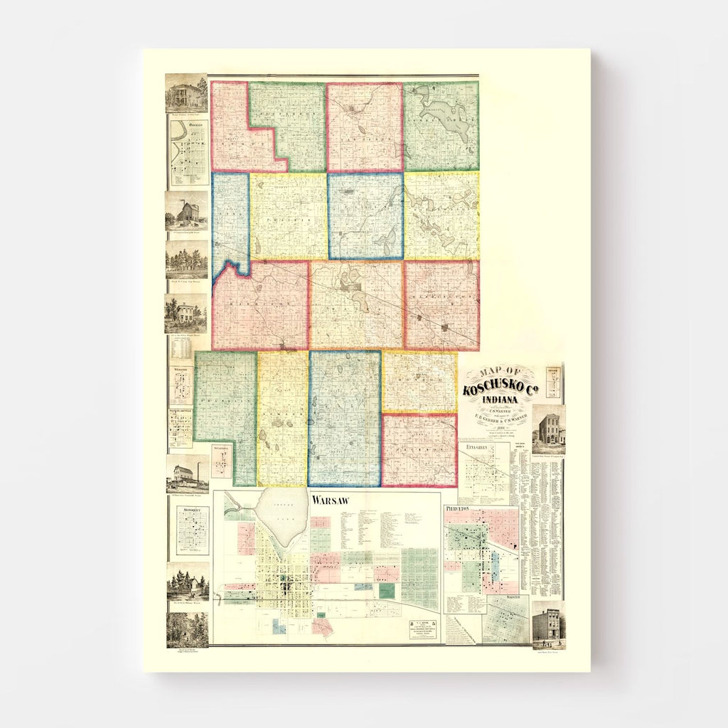 Vintage Map of Kosciusko County, Indiana 1866