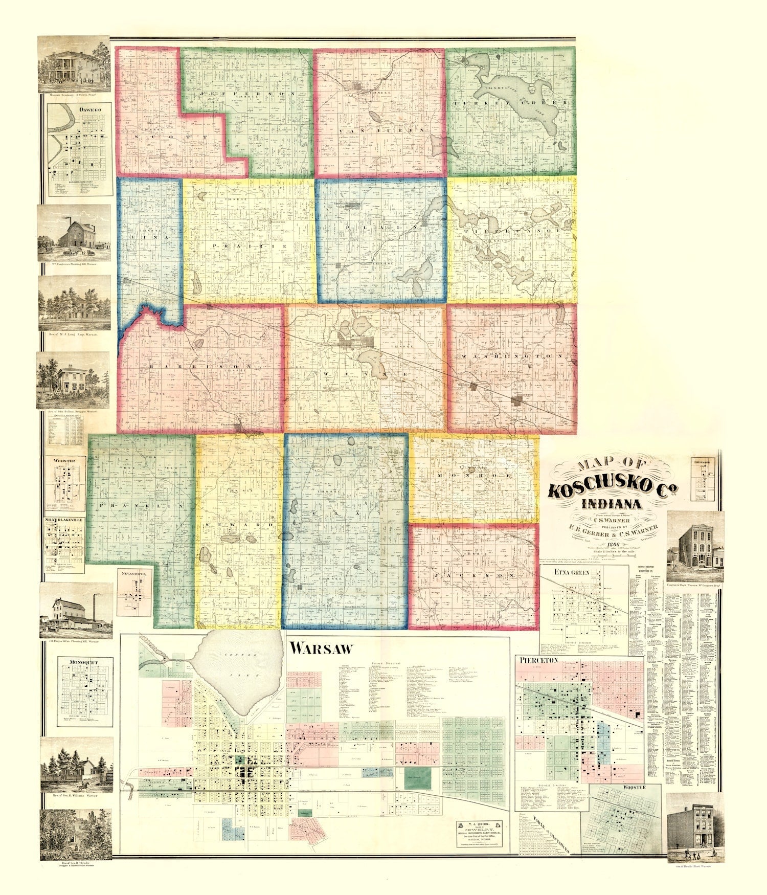 Vintage Map of Kosciusko County, Indiana 1866