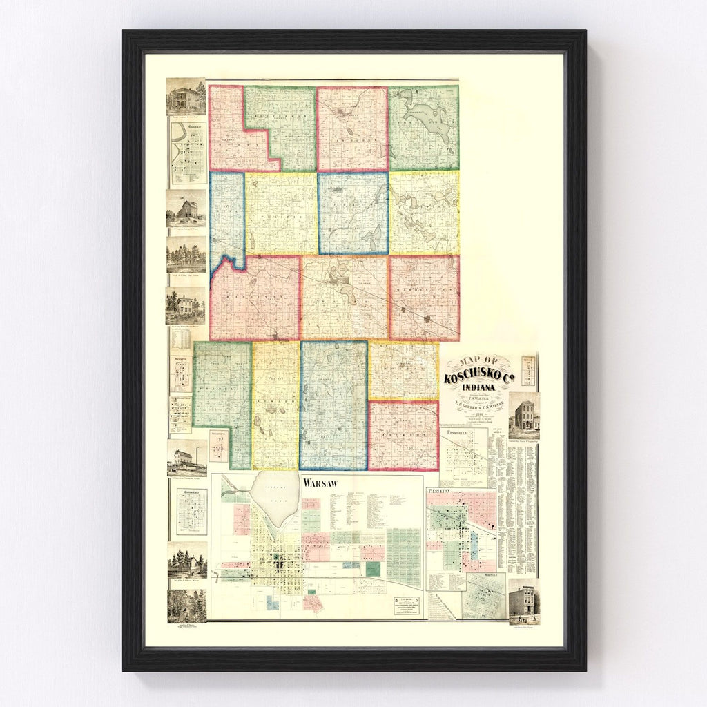 Vintage Map of Kosciusko County, Indiana 1866