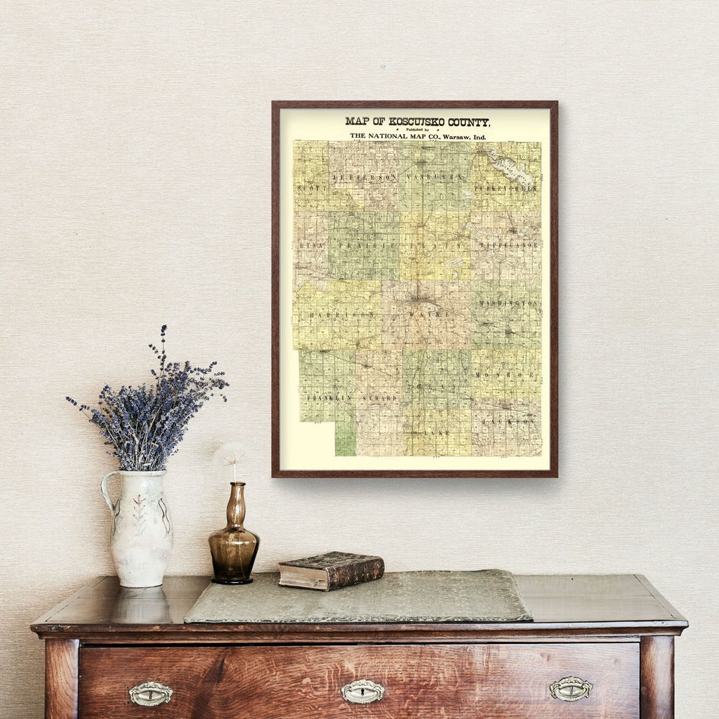 Vintage Map of Kosciusko County, Indiana 1909