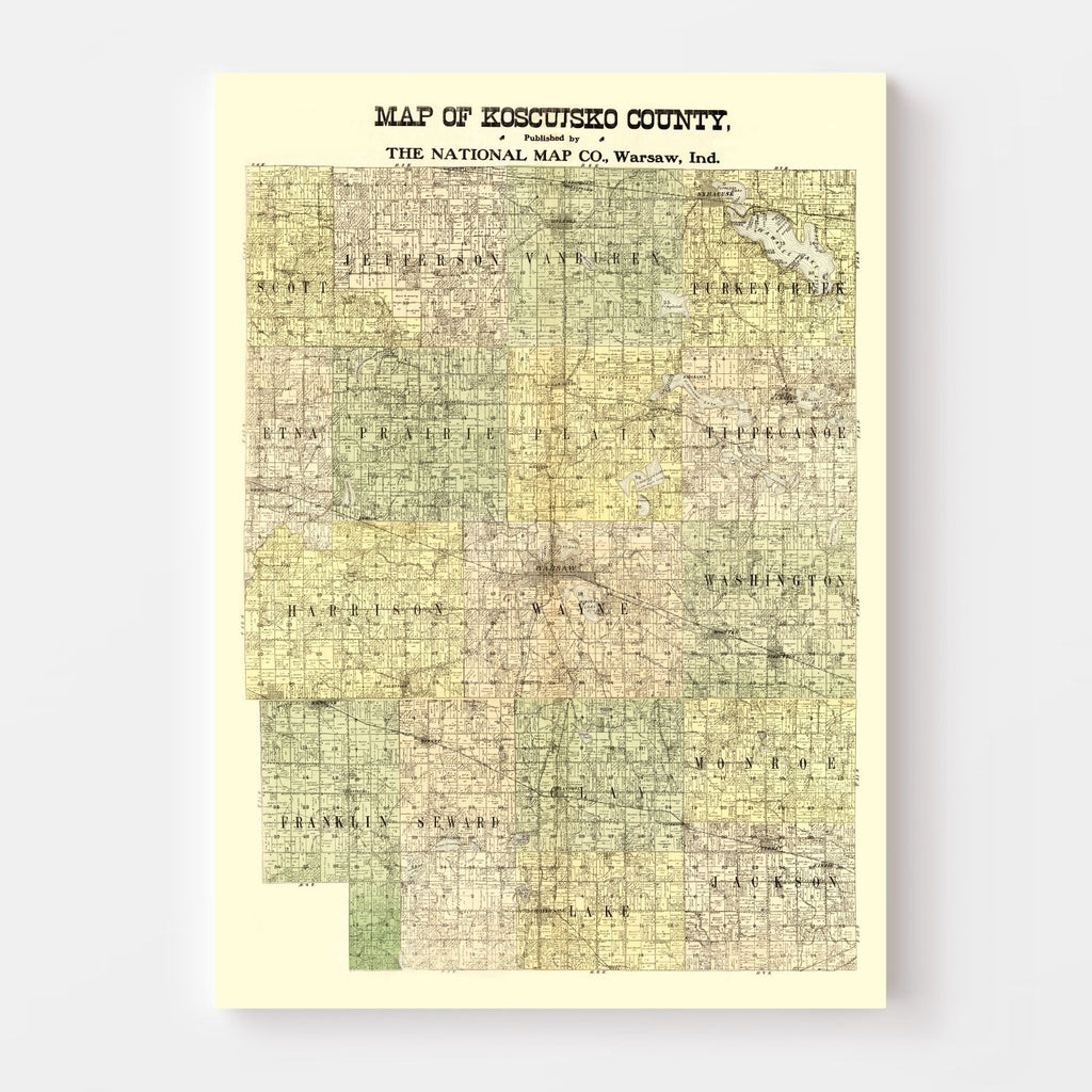 Vintage Map of Kosciusko County, Indiana 1909