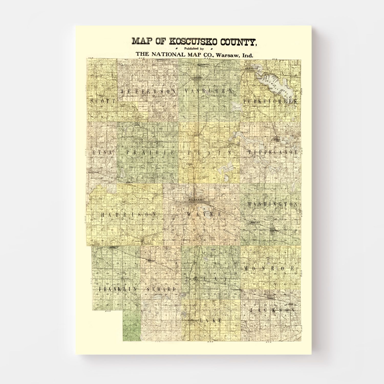 Vintage Map of Kosciusko County, Indiana 1909