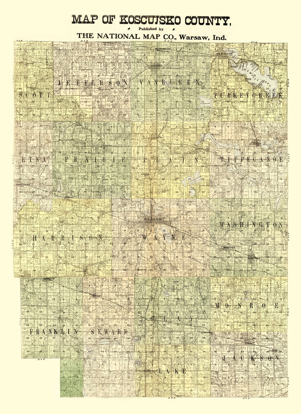Vintage Map of Kosciusko County, Indiana 1909