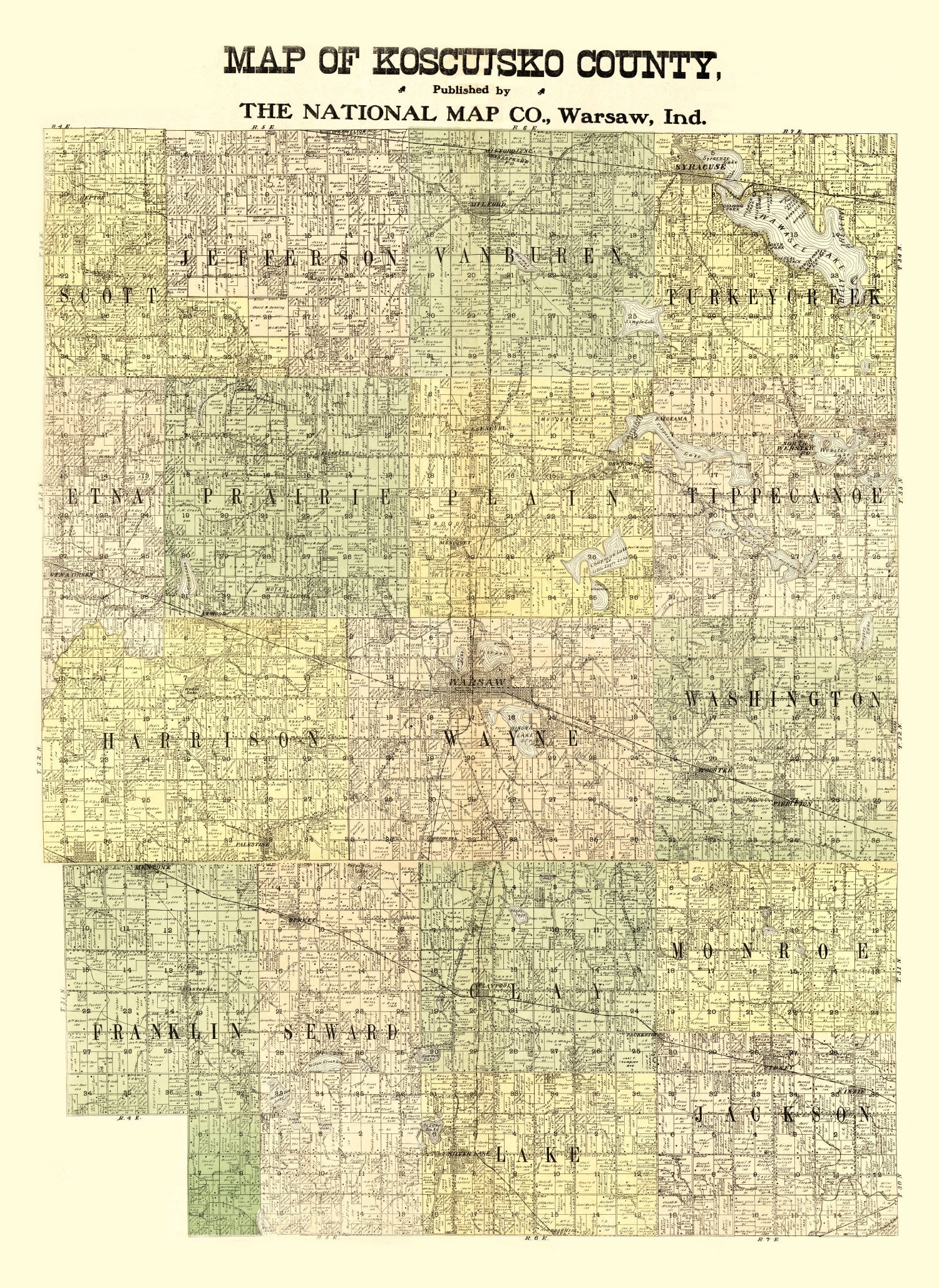 Vintage Map of Kosciusko County, Indiana 1909