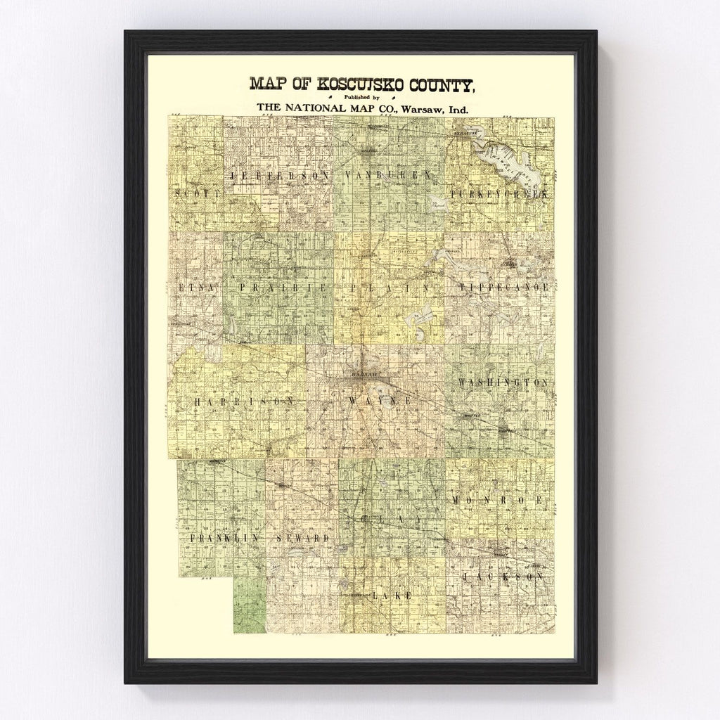 Vintage Map of Kosciusko County, Indiana 1909