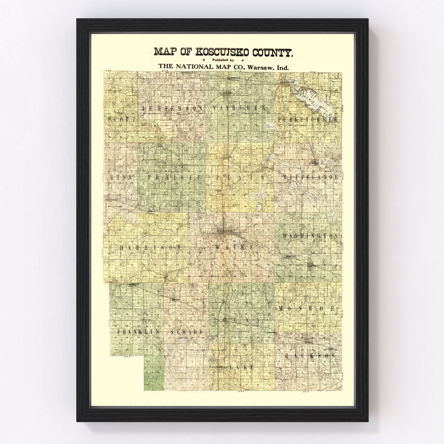 Vintage Map of Kosciusko County, Indiana 1909