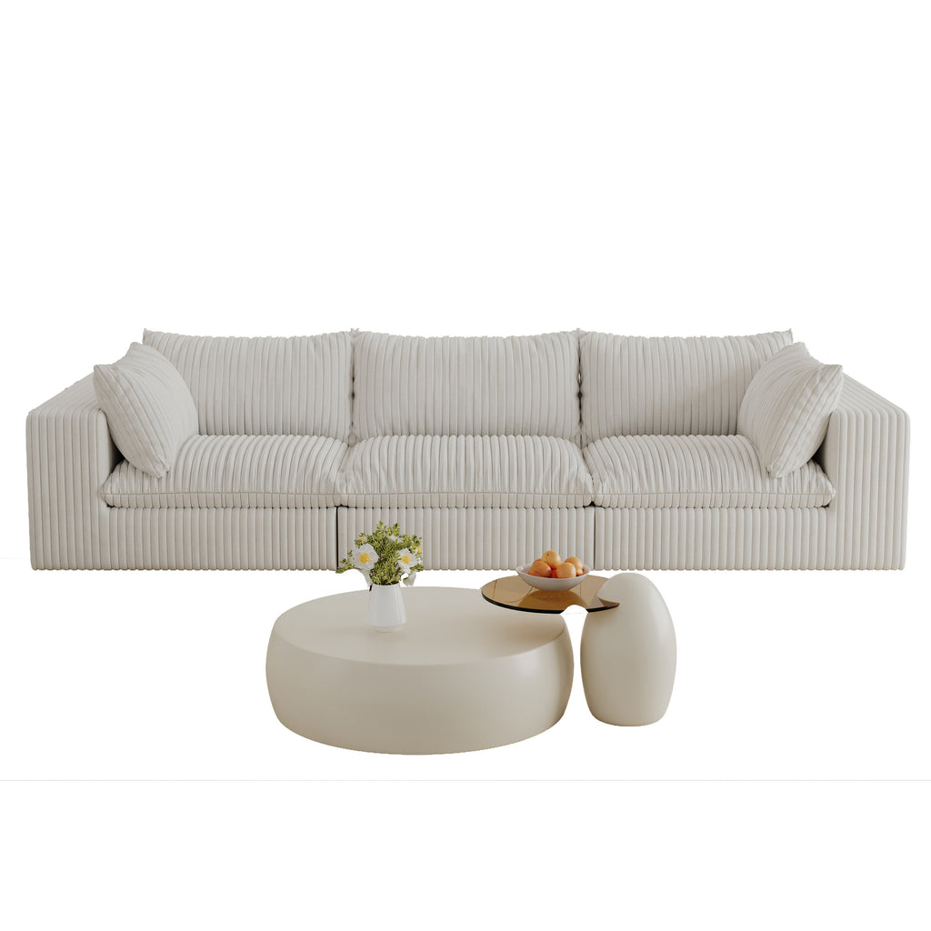 118.2' Cloud Sofa,Corduroy Fabric,Deep Seat Couches,Double-layer design,Removable  Cushion,No Assembly, DIY Combination for Living room, Bedroom,Conference room ,Apartment,White