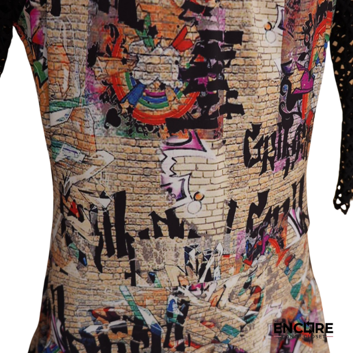 Graffiti-Print Lycra Dress with Fishnet Accent