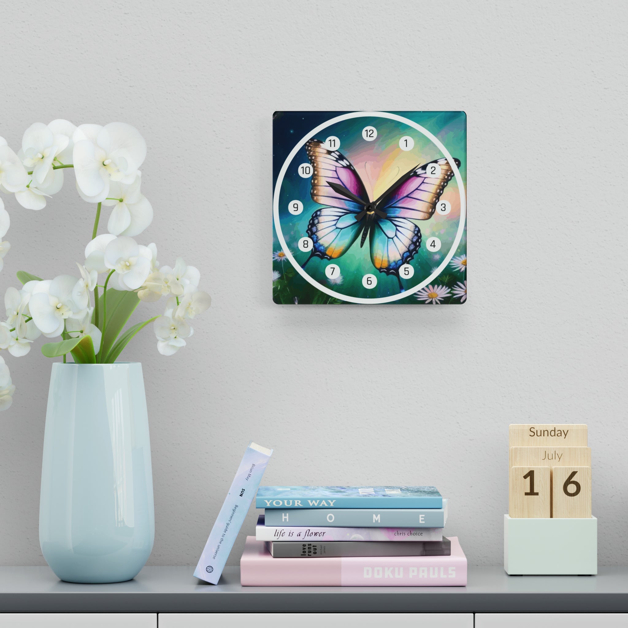 Beautiful Butterfly and Daisies Acrylic Wall Clock