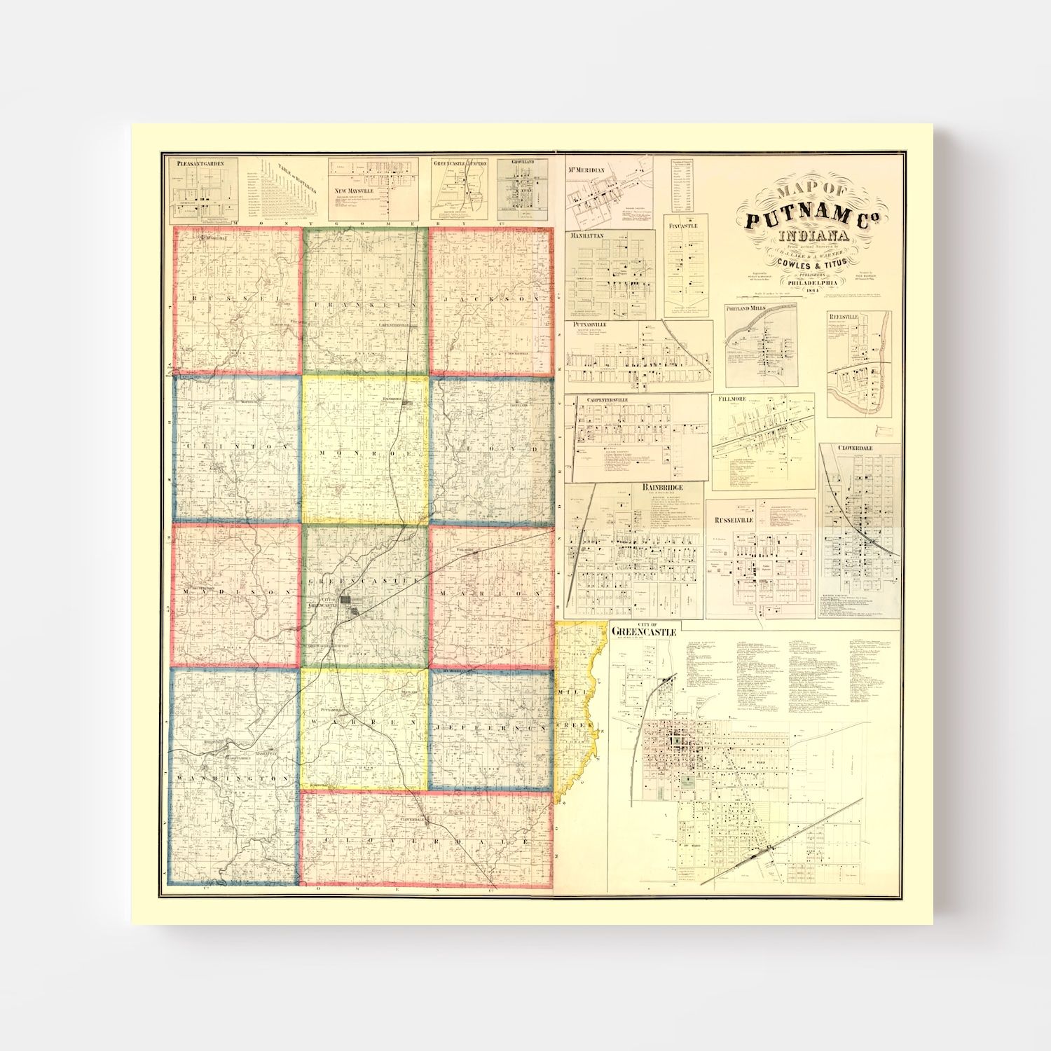Vintage Map of Putnam County, Indiana 1864