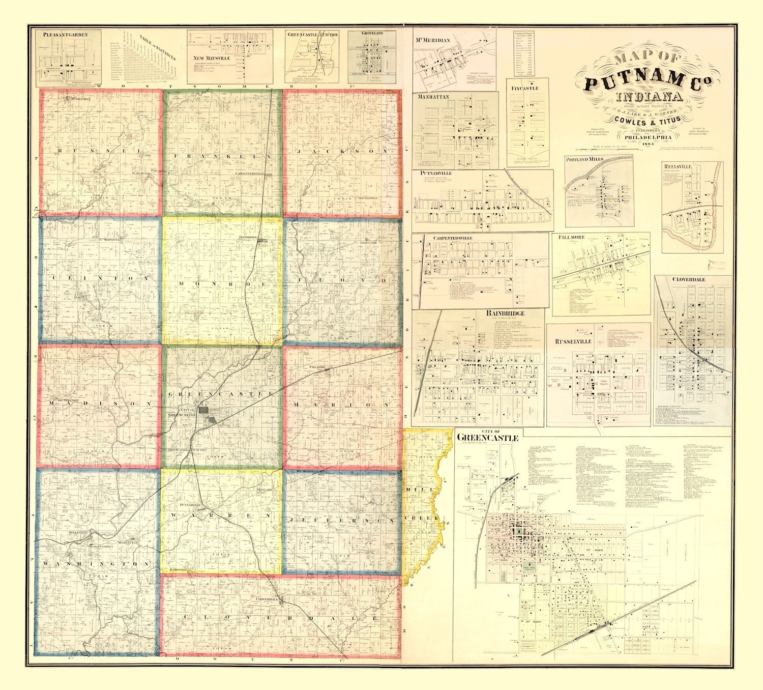 Vintage Map of Putnam County, Indiana 1864