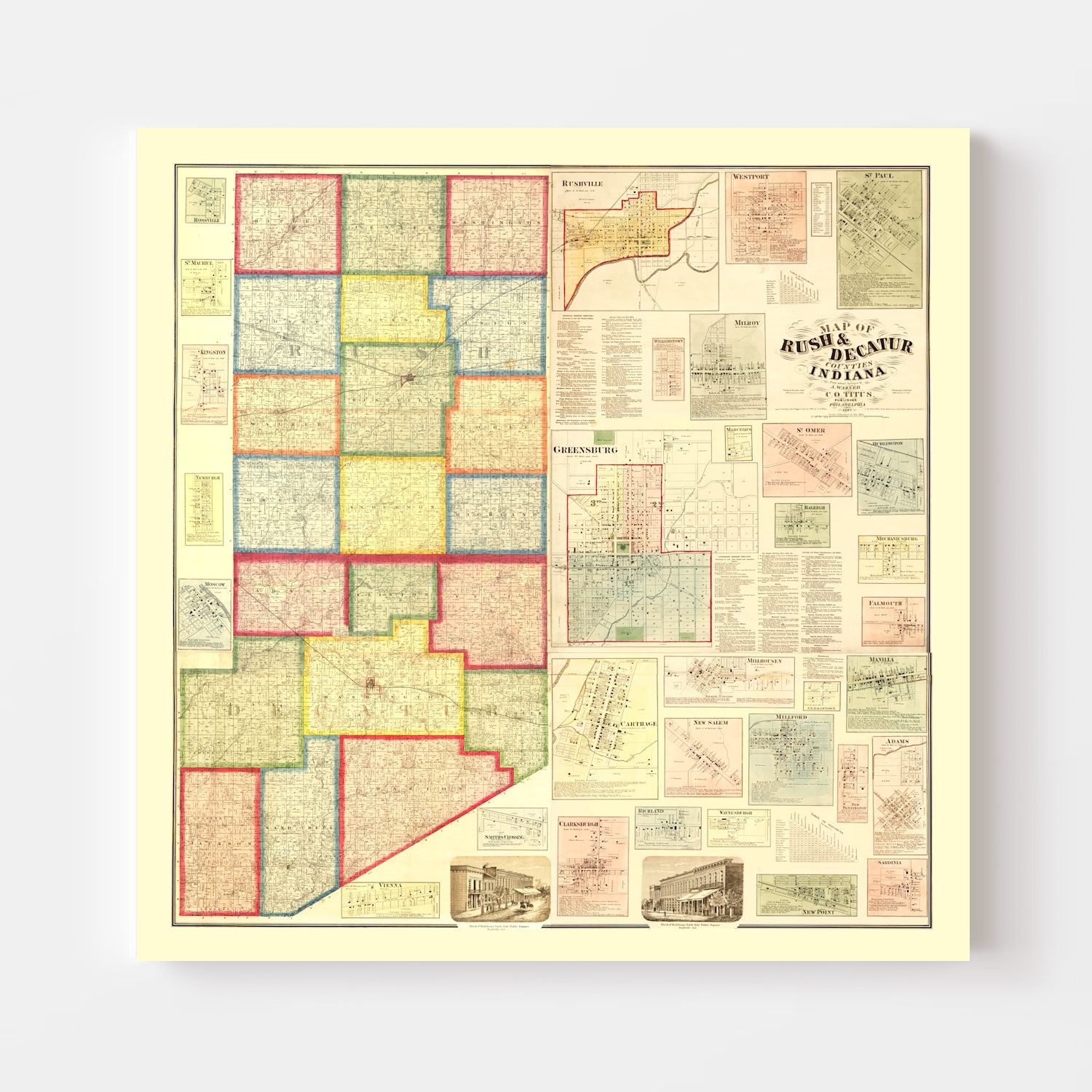 Vintage Map of Rush County, Indiana 1867
