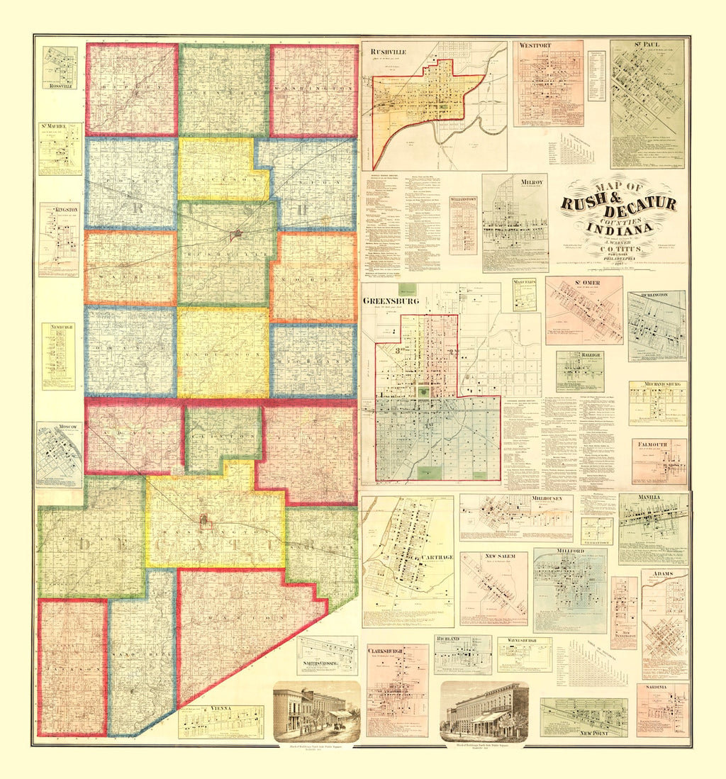 Vintage Map of Rush County, Indiana 1867