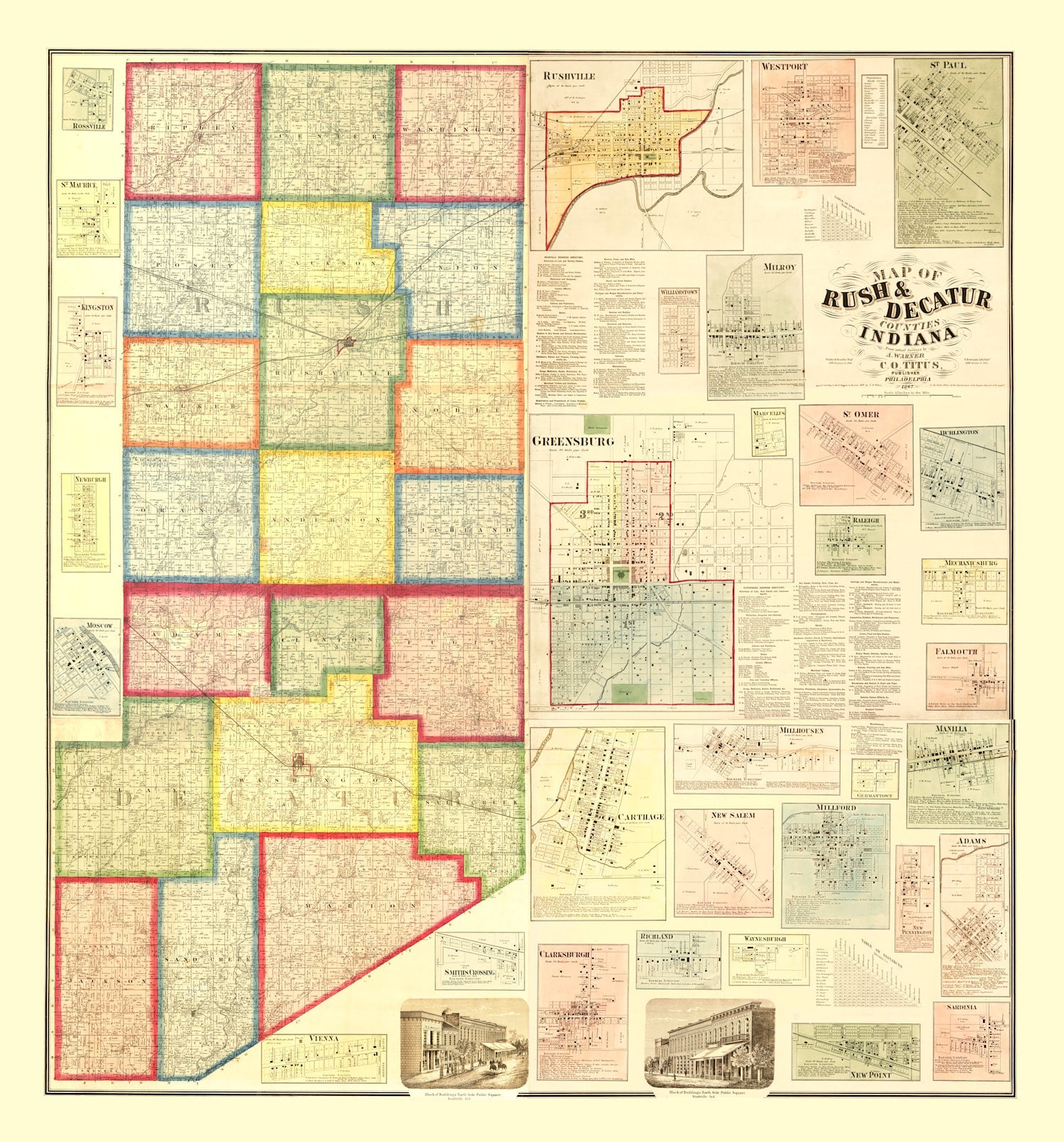 Vintage Map of Rush County, Indiana 1867