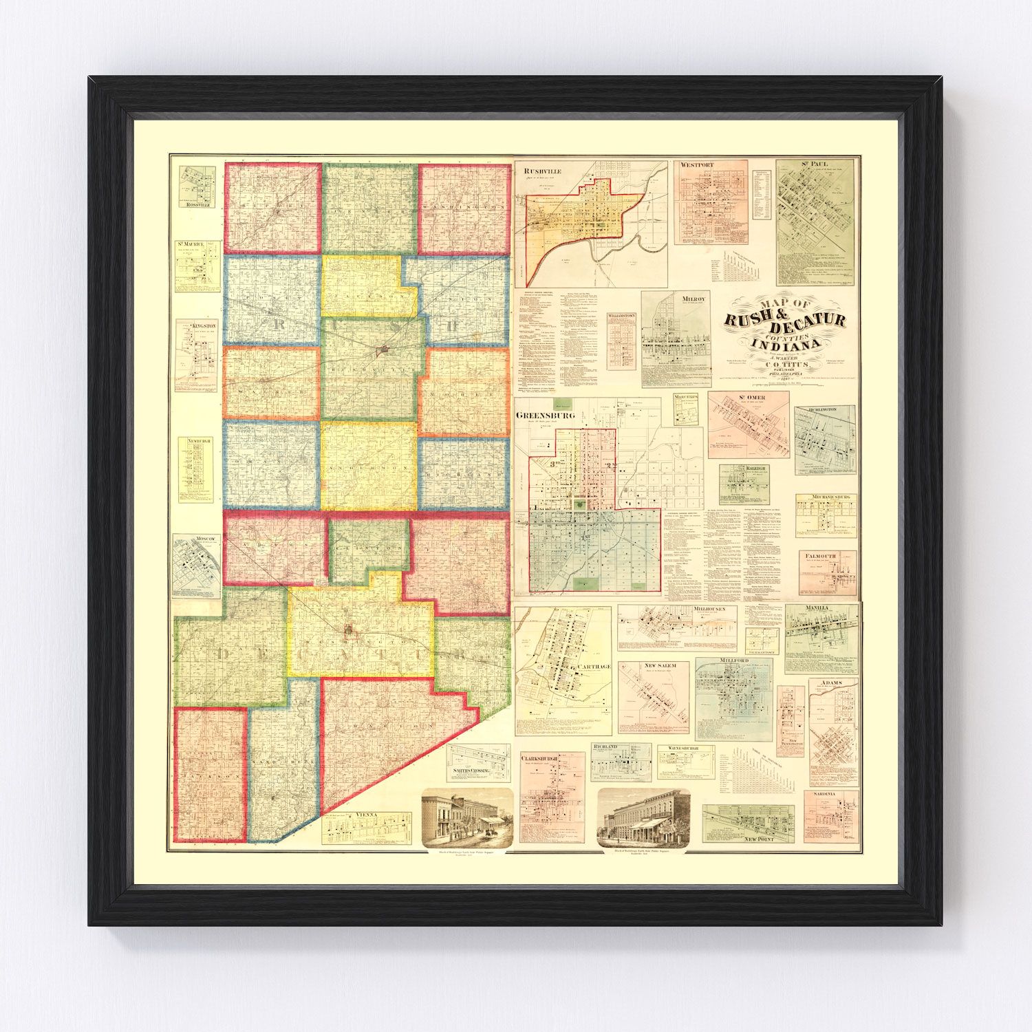 Vintage Map of Rush County, Indiana 1867