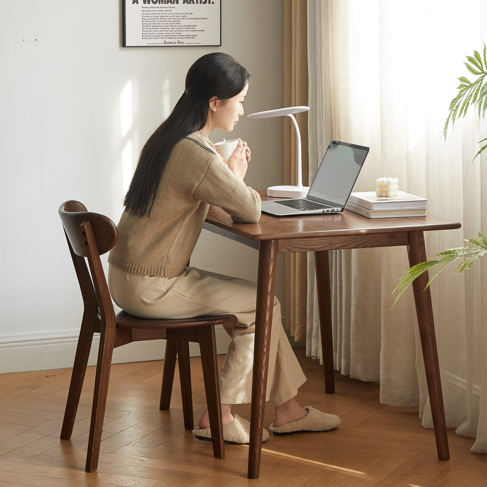 Natural Oak Dining Chair Set of 2 - Solid Wood, Walnut Finish, 46.5 * 54 * 80cm