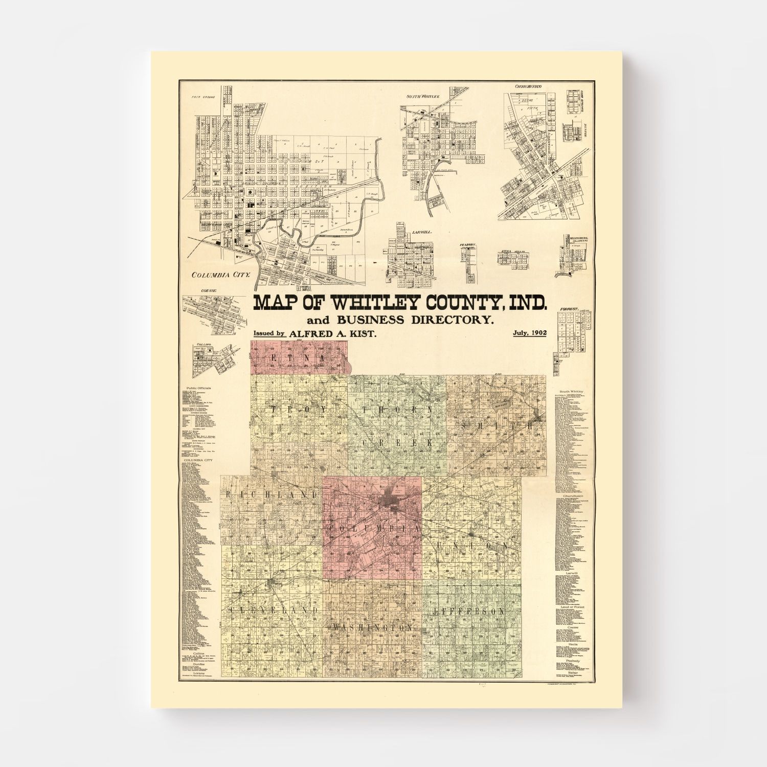 Vintage Map of Whitley County, Indiana 1902