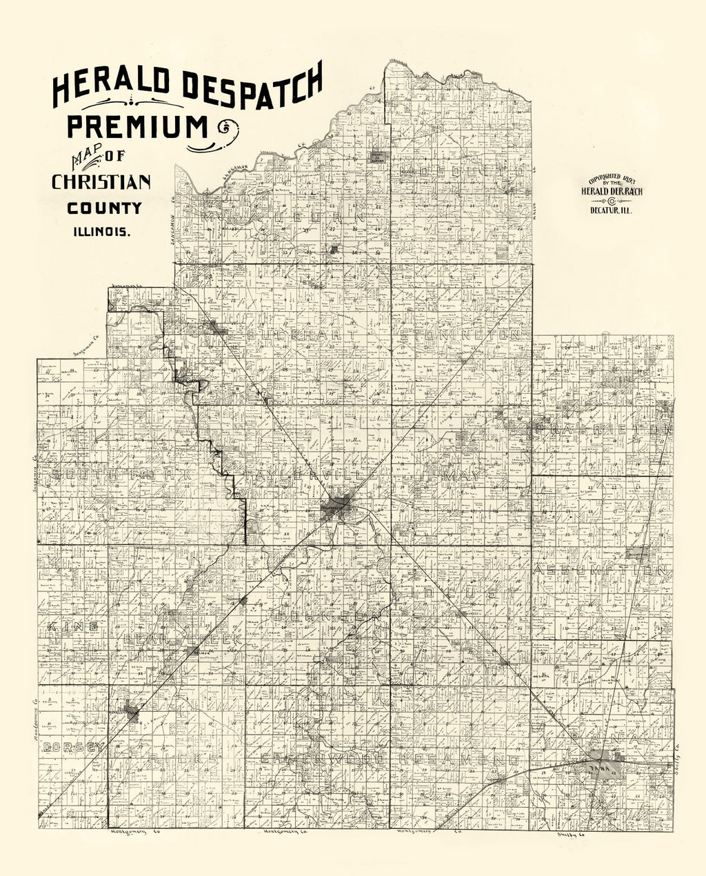 Vintage Map of Christian County, Illinois 1893