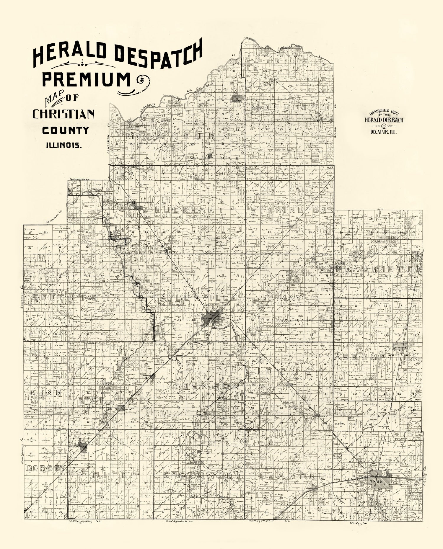 Vintage Map of Christian County, Illinois 1893