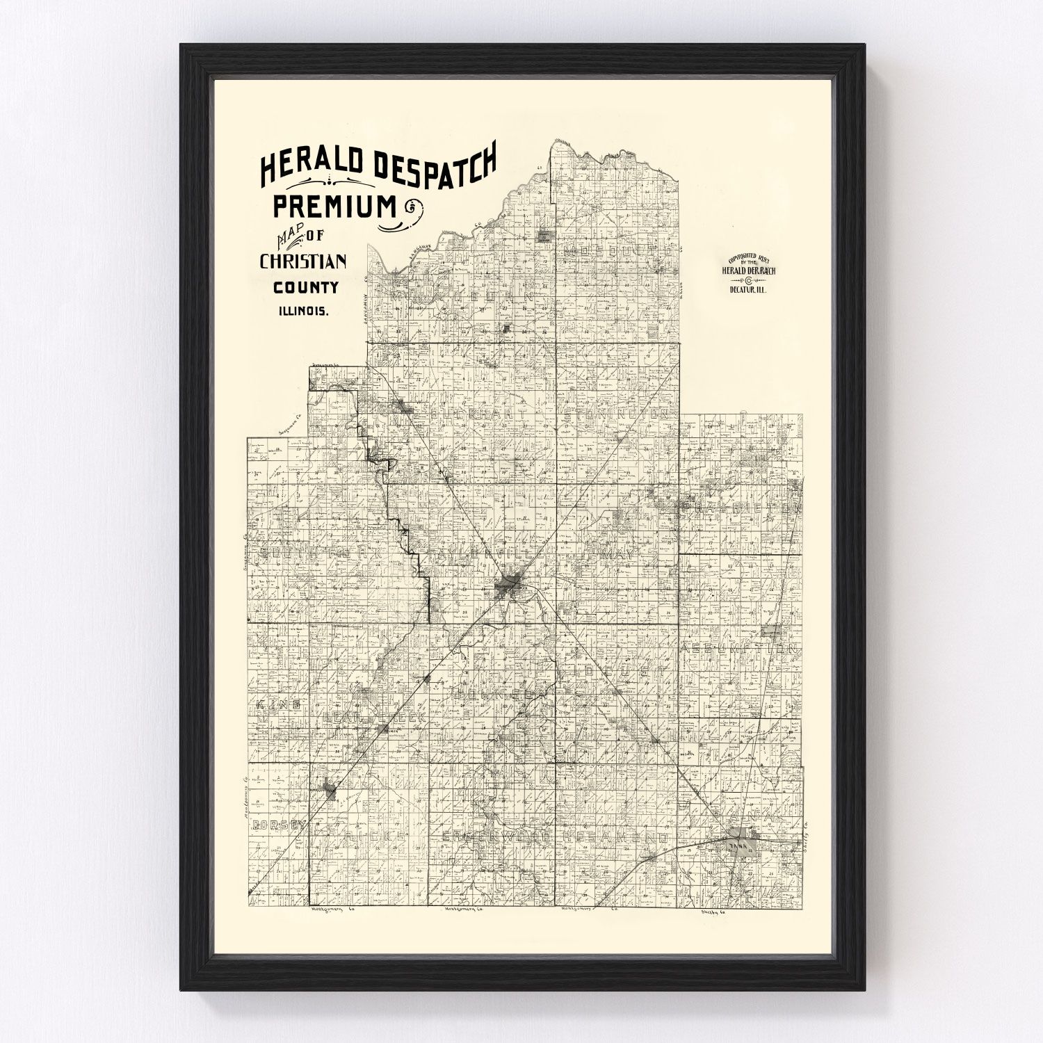 Vintage Map of Christian County, Illinois 1893