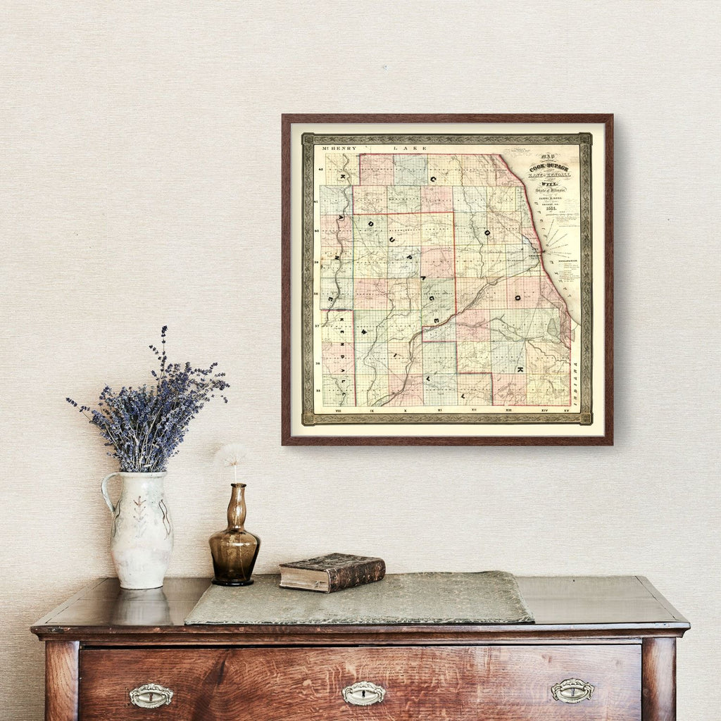 Vintage Map of Kane County, Illinois 1851