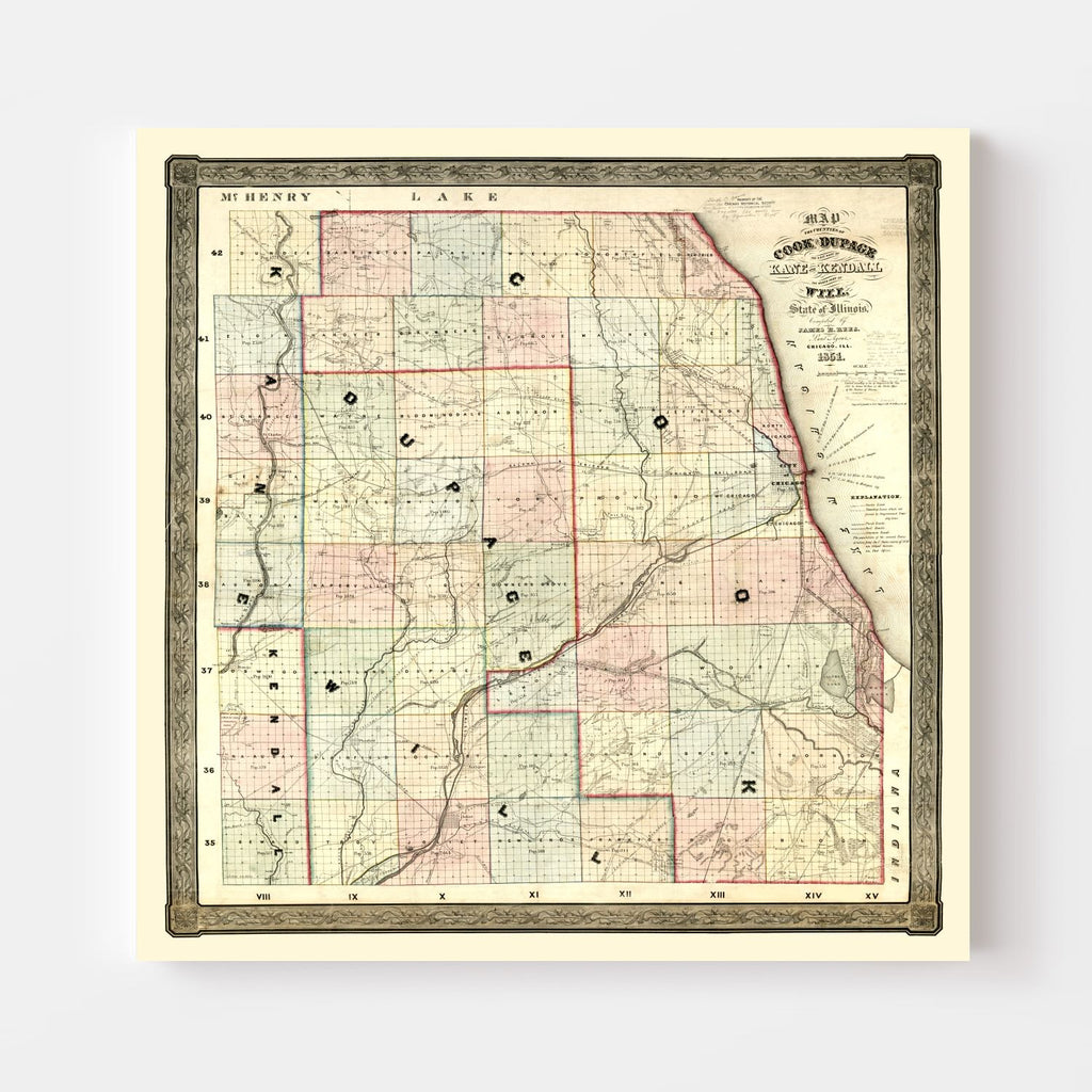 Vintage Map of Kane County, Illinois 1851